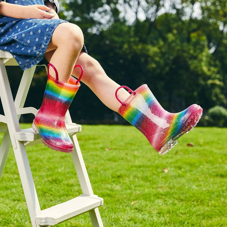EUXTERPA Girls Glitter Light Up Rain Boots with Handles