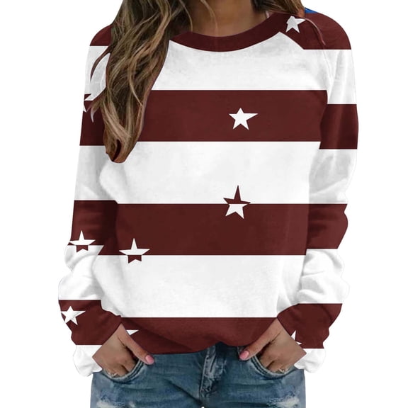 YUGYXL Women’s Striped Star Sweatshirt Long Sleeve Crewneck Casual Pullover Tops Fall Winter Shirt Brown M