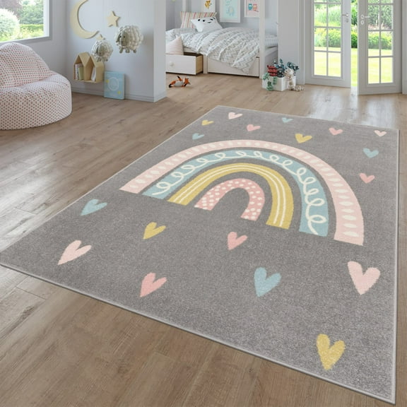 Paco Home Kids Rug with Rainbow and Hearts in Grey - 5'3" x 7'3" (5'x7')