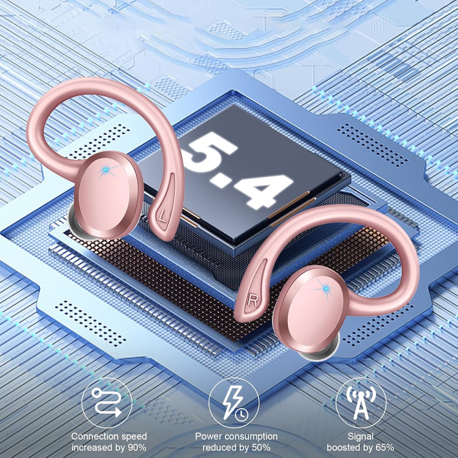 Wireless Earbuds Hi-Fi Bass Stereo 56H Noise Cancelling IPX7 Waterproof Sport Earphones with Earhook-Rose Gold