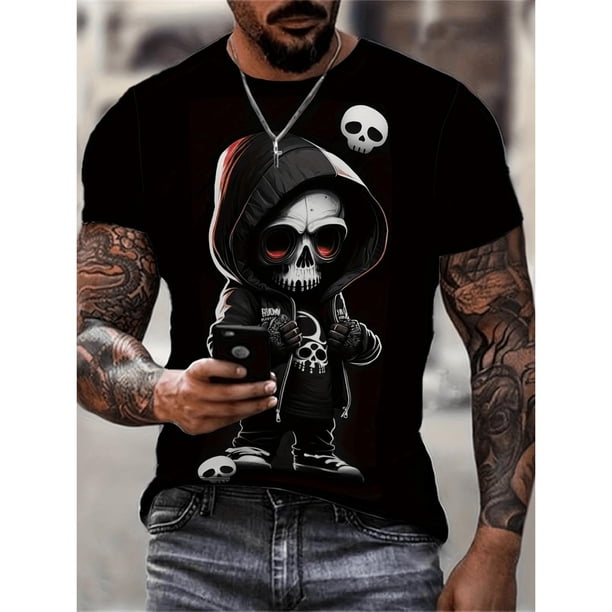 3D Printed Skull Graphic T-Shirt For Men - Soft Cotton Casual Short Sleeve Tee With Hooded Character Design Stretchy Round Neck Summer Top For Outdoor Wear
