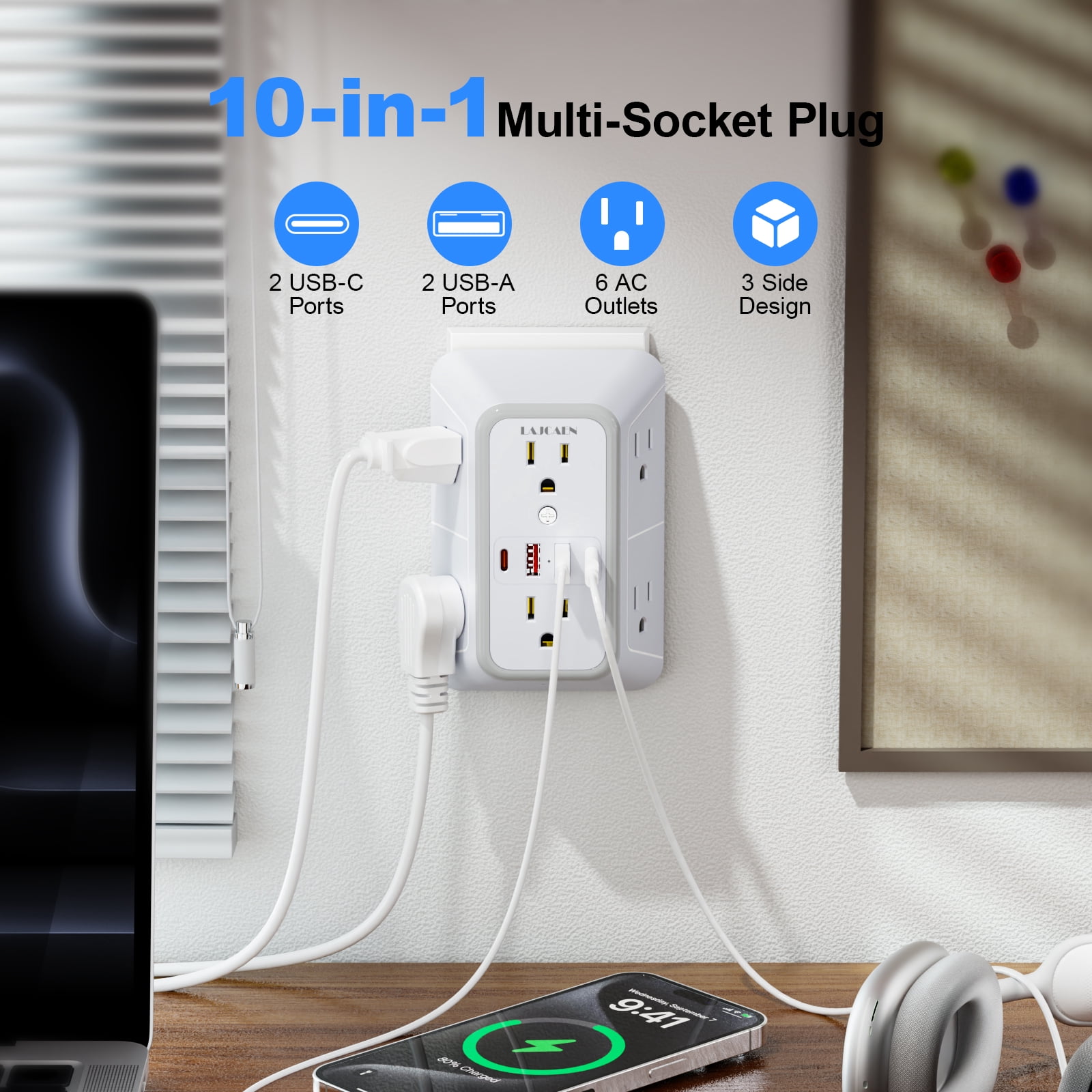 Multi Plug Outlet Surge Protector Wall Charger6 Outlet Extender with 4 USB Charging Ports (4.8A Total) 3-Sided 1050J Power Strip Adapter Spaced Outlets for Home Indoor