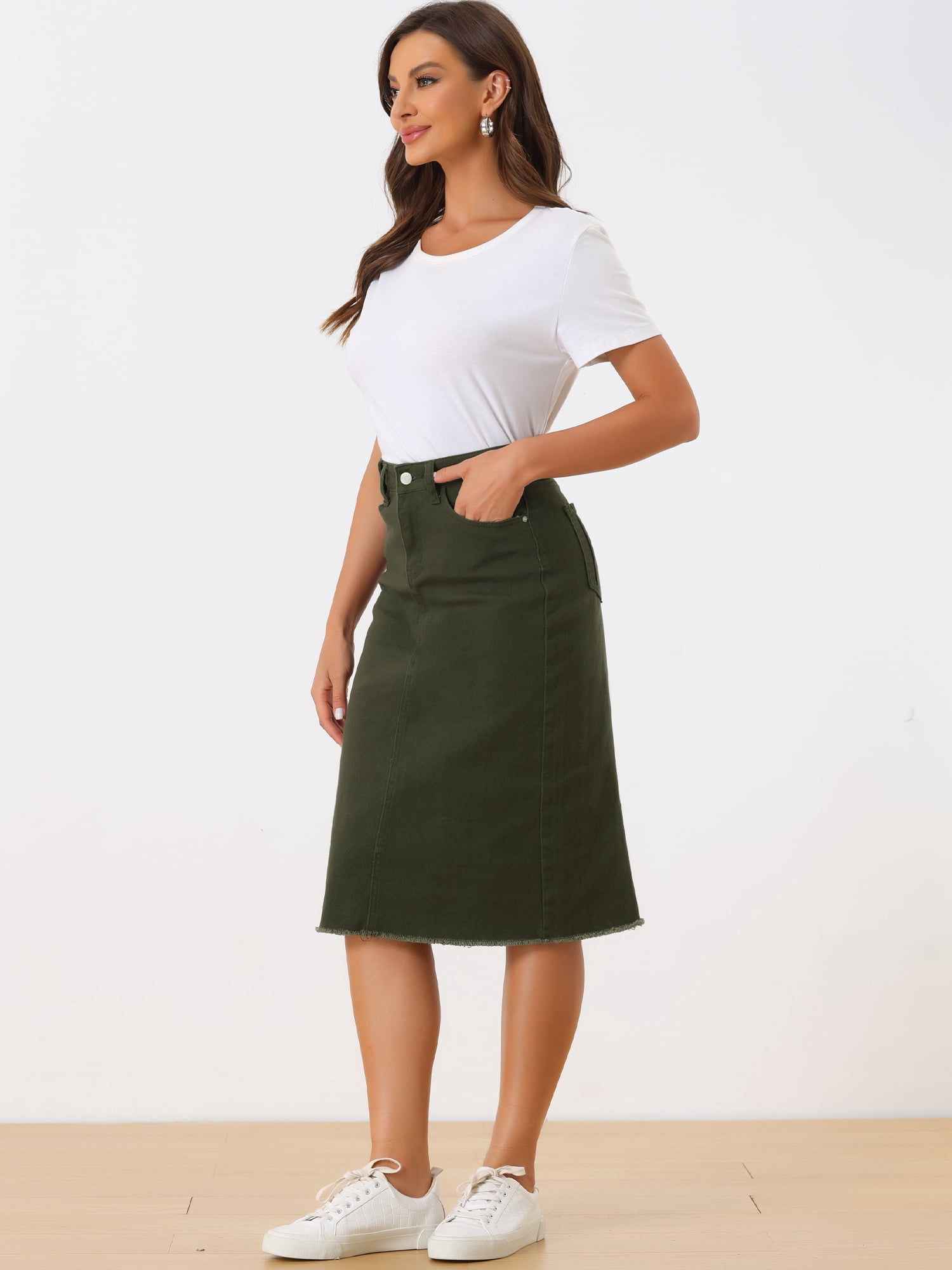 DARING DIVA Women's Jean Back Vent Midi Length Denim Skirts L Army Green