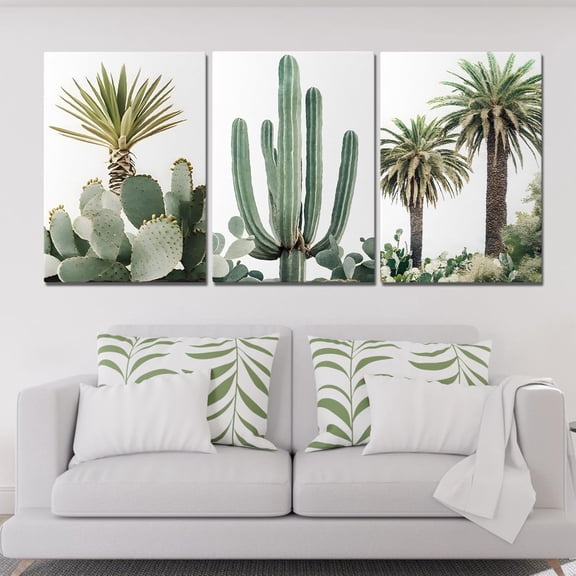 Cactus Canvas Wall Art, Tropical Palm Tree Cactus Painting Wall Art, Southwestern Desert Landscape Pictures, Large Natural Plant Wall Decor for Living Room, Bathroom, Bedroom (24" x 36" x 3 pcs)