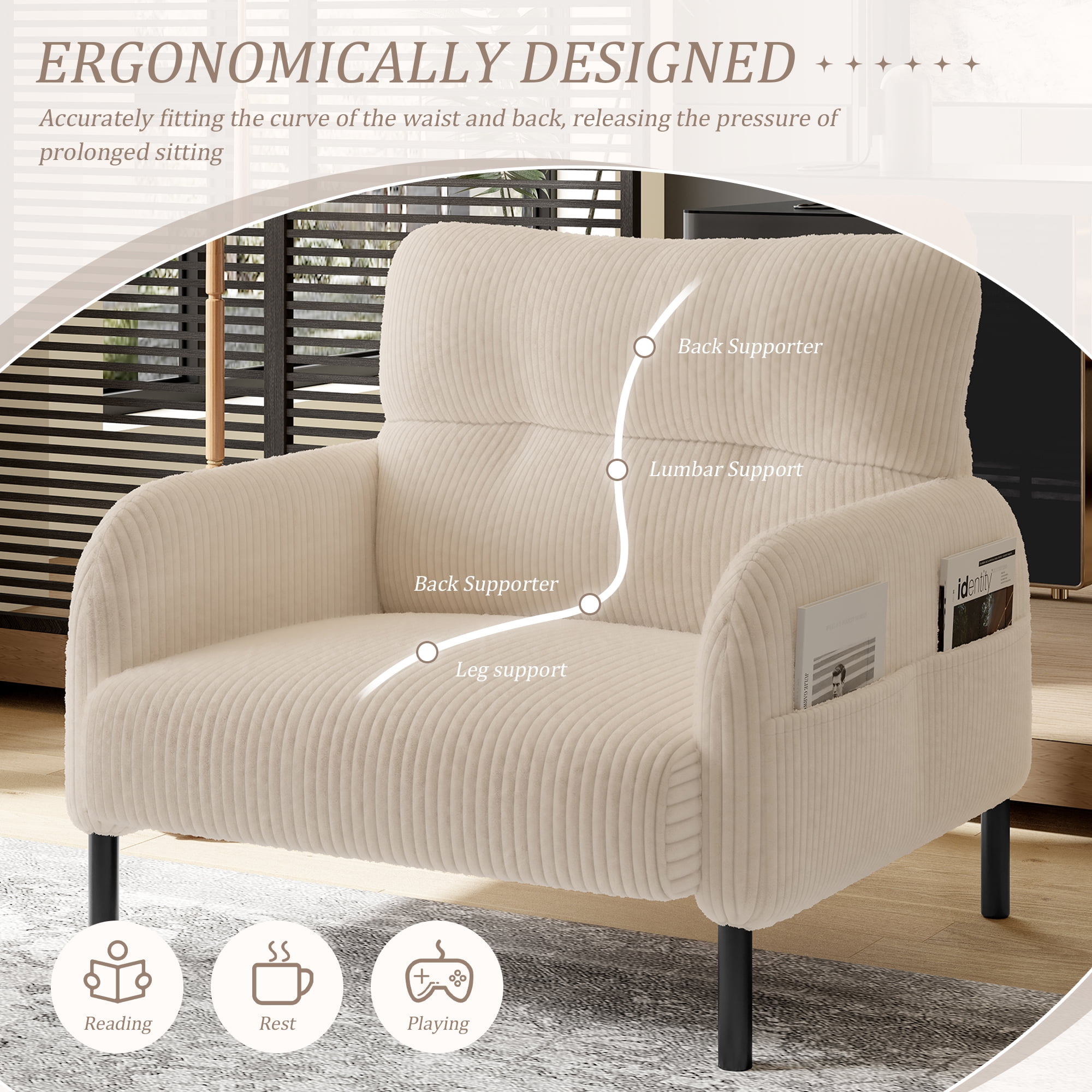 MOONMISS Corduroy Upholstered Comfortable Single Wood Frame Armchair for Living room and Bedroom-Beige