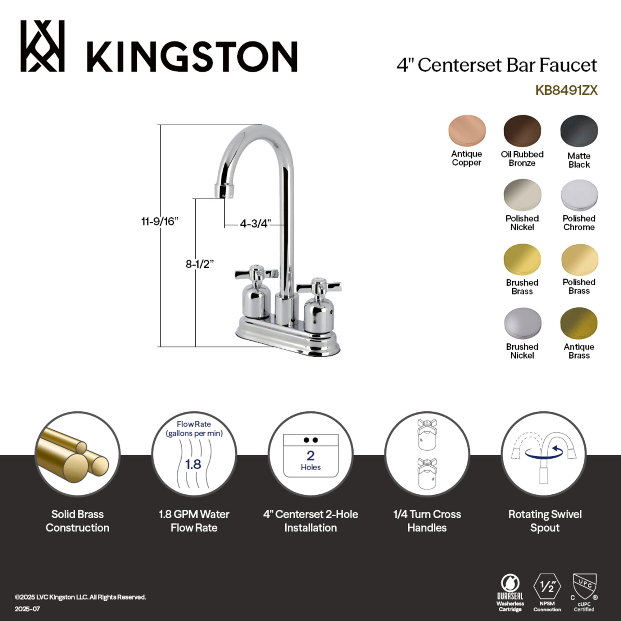 Kingston Brass KB849ZXAC Millennium Two-Handle 2-Hole Deck Mount Bar Faucet in Antique Copper