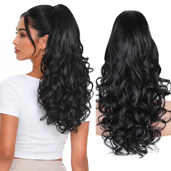 JOFMWIX 24 Inch Black Ponytail Extension, Layered Pony Tail Clip on Hair Extension, Soft Wavy Claw Clip in Ponytail Extension, Natural Synthetic Hair Pieces for Women (Color: Black)