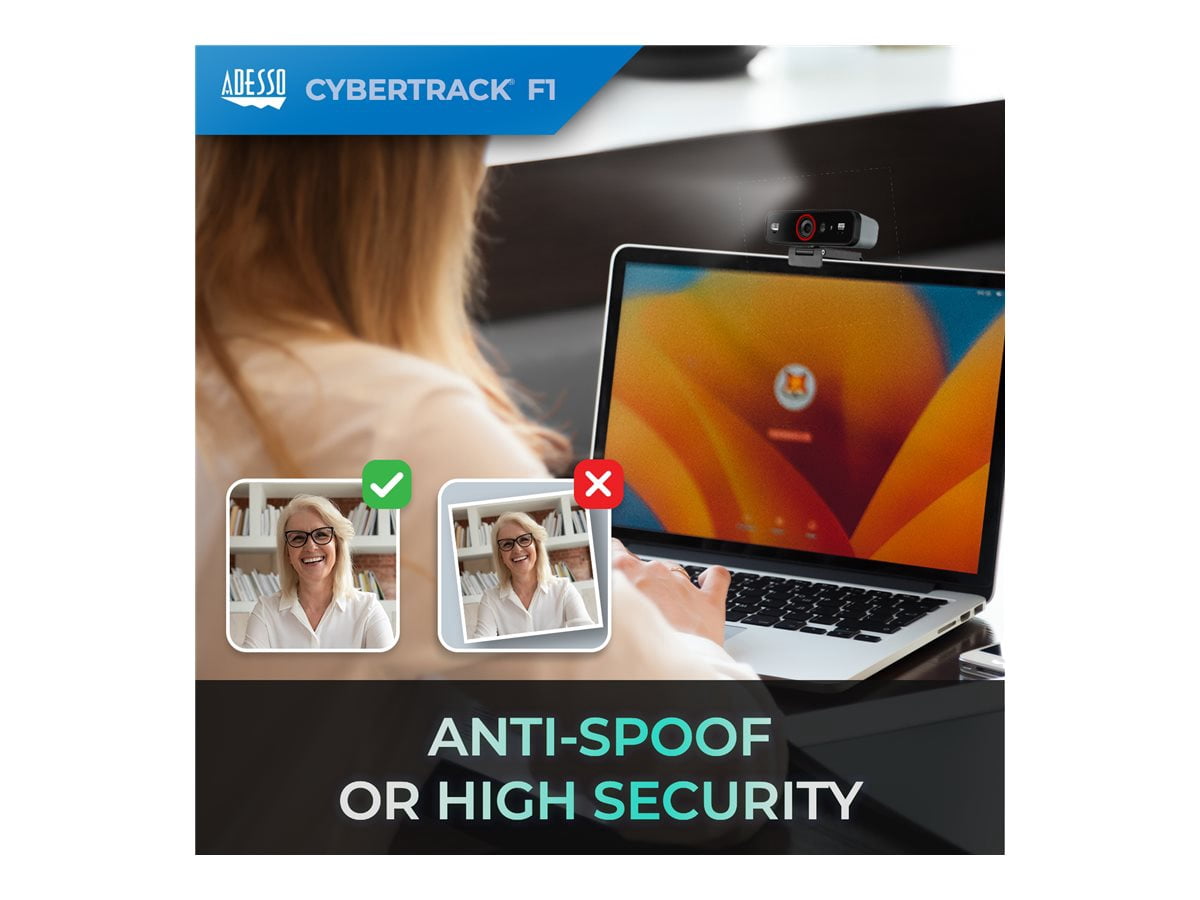 Adesso CyberTrack F1 – Webcam USB HD 1080p à mise au point fixe, certifiée Windows Hello