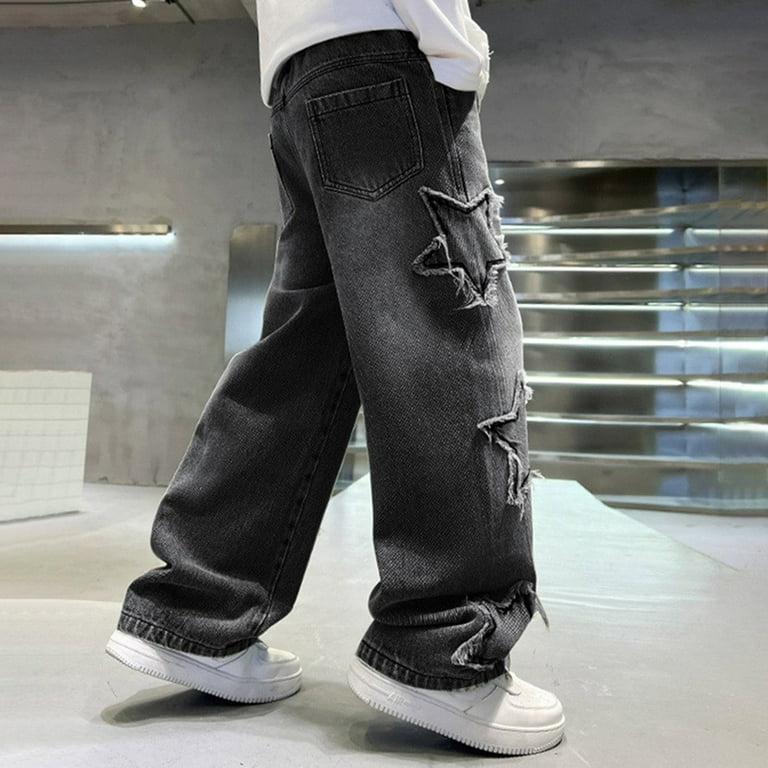 JDEFEG Boys' Cargo Pants Vintage Wide Leg Jeans Straight Leg Denim