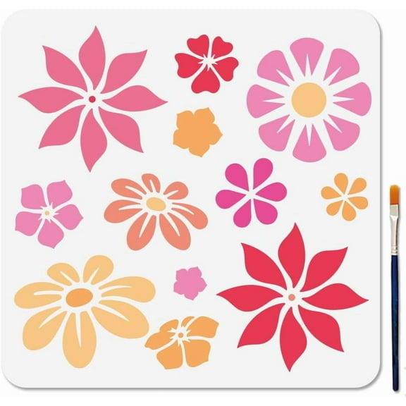 Floret Painting Stencil Blooming Flowers Stencil 11.8×11.8inch with Paint Brush Small Flowers Stencil Reusable Boho Plant Drawing Template for Wood Wall Window DIY Craft