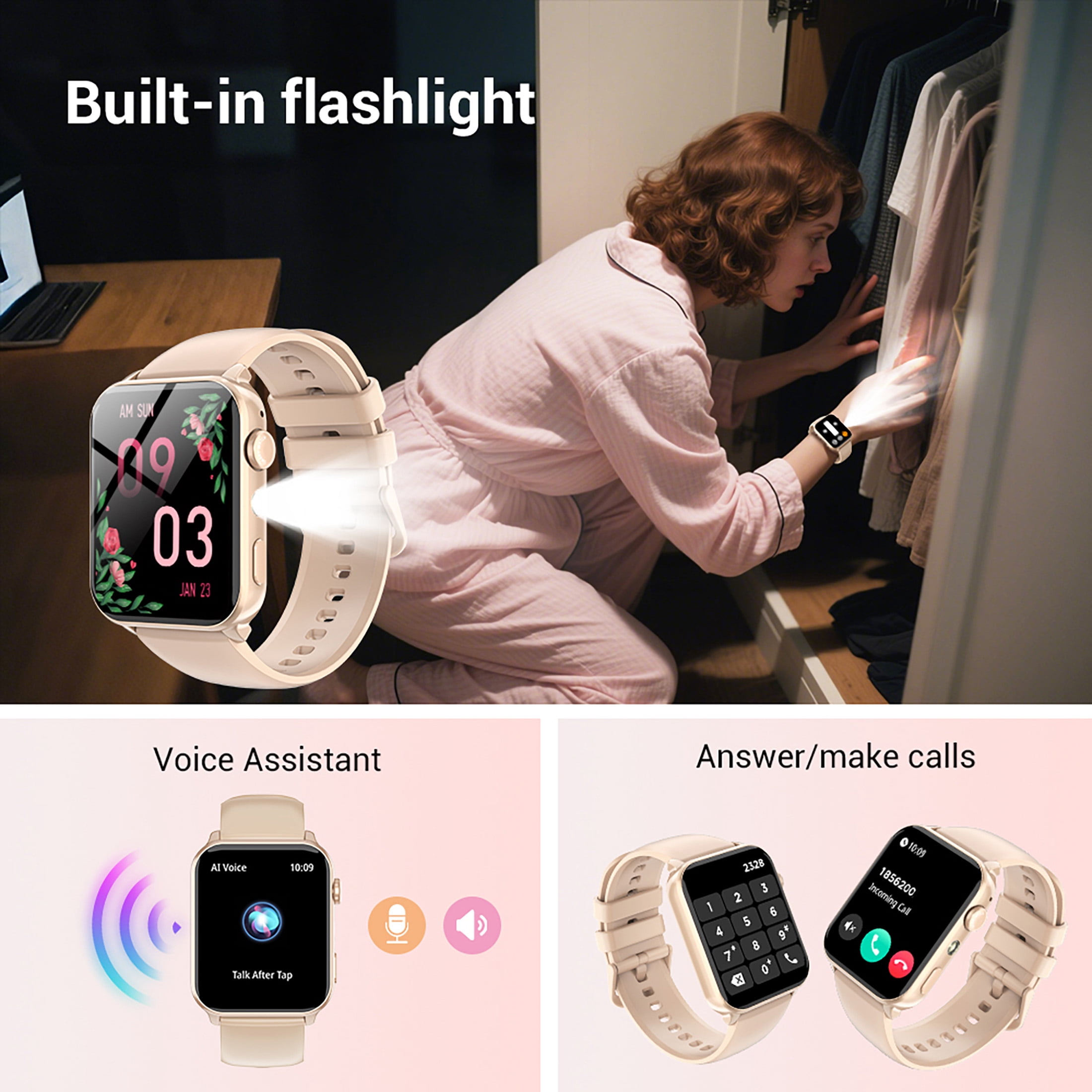 LUOMATE Smart Watch for Women Men, 1.91" Touchscreen Fitness Tracker, Bluetooth Calling, 100+ Sport Modes, IP68 Waterproof, Pedometer, Message Notifications, Compatible with Android iPhone (Pink)
