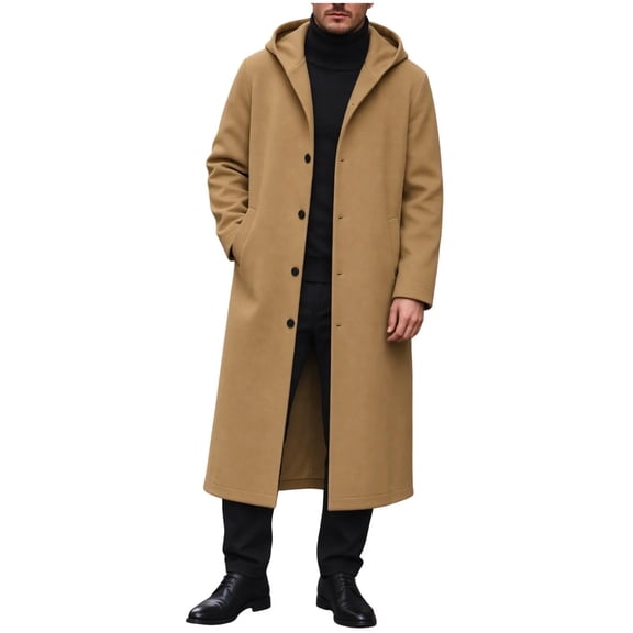 Smupbvky Hooded Trench Coat for Men Long Button Down Overcoat Business Casual Winter Warm Jacket for Everyday (XL, Khaki)