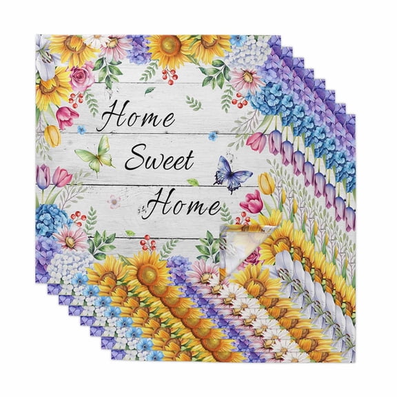 Spring Wildflowers Cloth Napkins, Watercolor Floral Leaf Wood Grain Washable and Reusable Dinner Napkins Set of 8, Table Napkin for Kitchen Party Birthday Wedding Hotel Housewarming 20"x20"