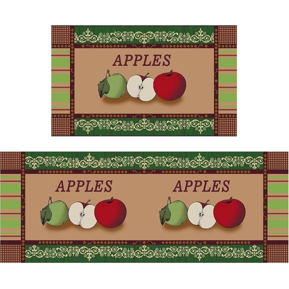 Apple Kitchen Rugs Set of 2 Set for Floor Mat, Non Skid Washable Absorbent Microfiber Apple Kitchen Mat for in Front of Sink for Standing for Home Apple Kitchen Decor 17"X30" 17"X47"