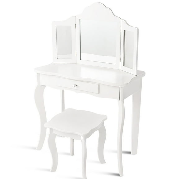 LILEYI Vanity Set with Mirror, 2-in-1 Wooden Toddler Vanity Table with Stool, Tri-Folding Mirror & Drawer, Removable Top, Princess Pretend Play Beauty Makeup Vanity for Girls