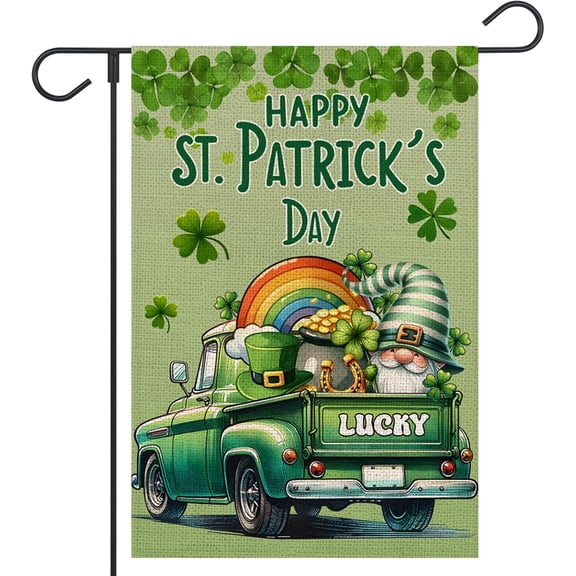 Happy St Patricks Day Garden Flag 12x18 Inch Double Sided Lucky Clovers Shamrocks Gnome Rainbow Truck Outside Small Flag for Yard Outdoor Holiday Decoration