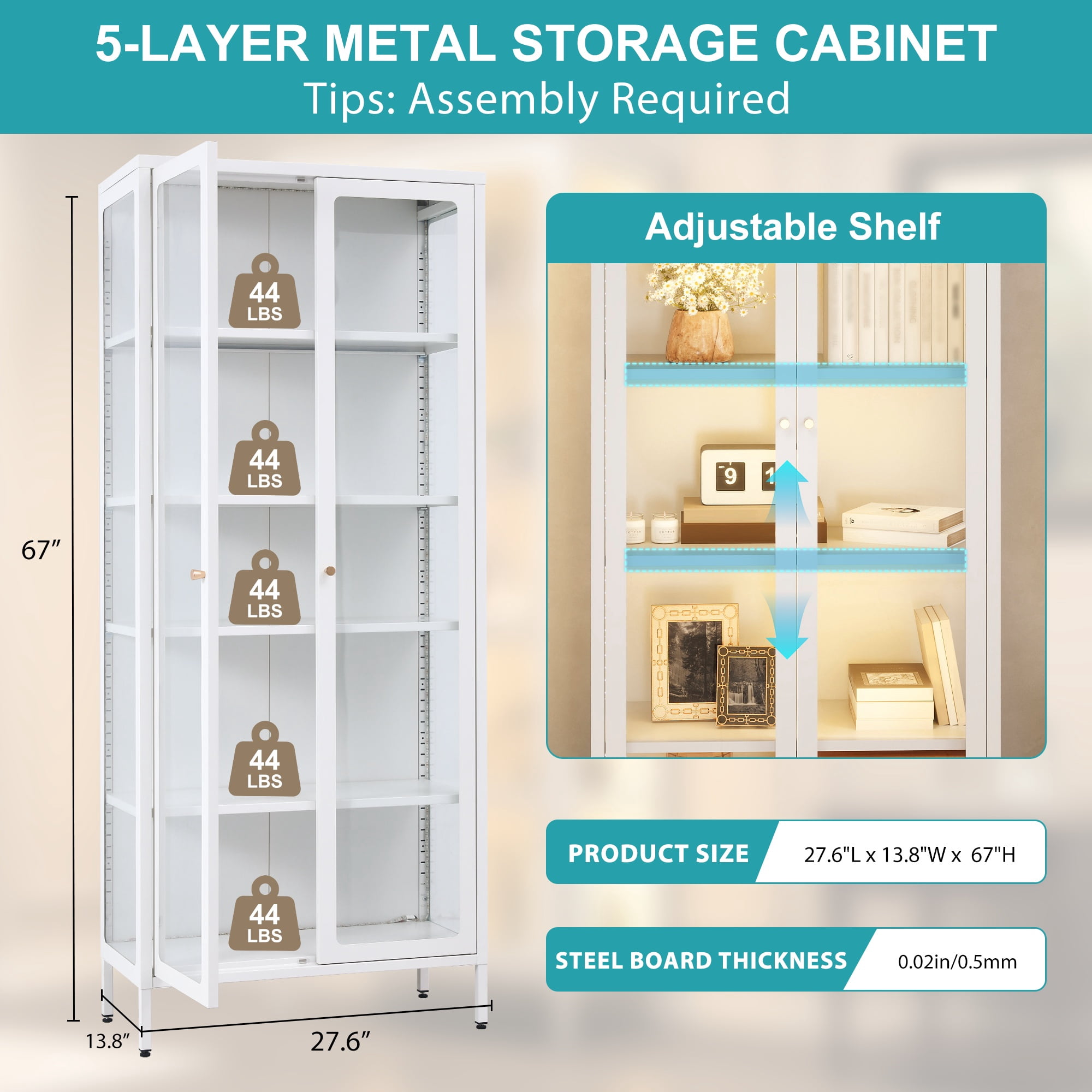 Display Cabinet with Glass Doors, 5-Tier Storage Shelves with 3-Side Tempered Glass, 4 Adjustable Shelves Collectibles Toys Organizers Rack, Display Shelf & Bookshelf, White