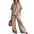 thumbnail image 2 of Women's 2 Piece Cotton Linen Set, V-Neck Short Sleeve Button Top & Drawstring Wide Leg Pants, Casual Summer Loungewear Outfit with Pockets, Loose Fit,Beige,L, 2 of 5