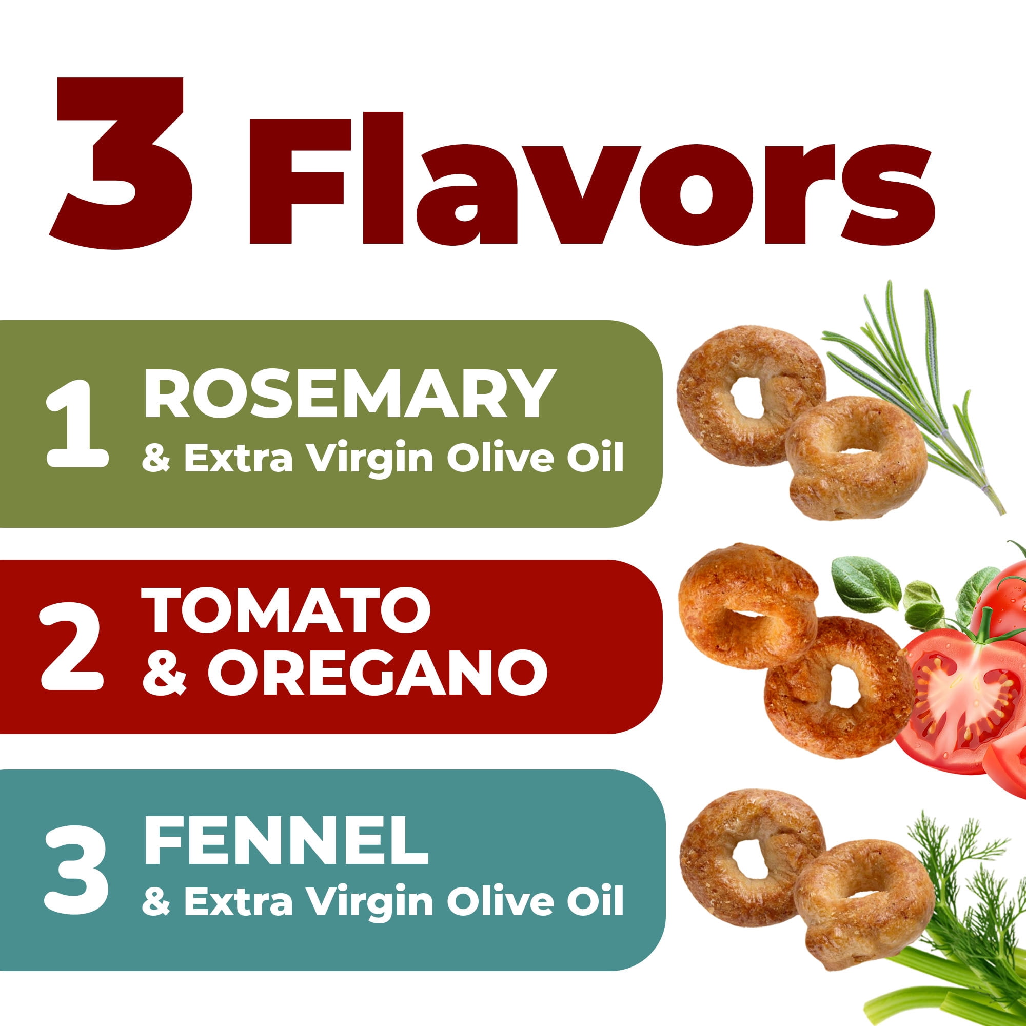 For Alle Gluten-Free Tarallini Bundle, Set of 3 – Traditional Italian Pugliese Snack with Fennel, Rosemary, Tomato and Oregano. Oven-Baked. Vegan. Cholesterol-Free.
