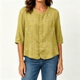 thumbnail image 5 of Qulqfy Floral Print Summer Shirts Cotton Linen Crew Neck Casual 3/4 Length Sleeve Button Down Yellow Spring Tops for Women Trendy Summer XXXL, 5 of 7