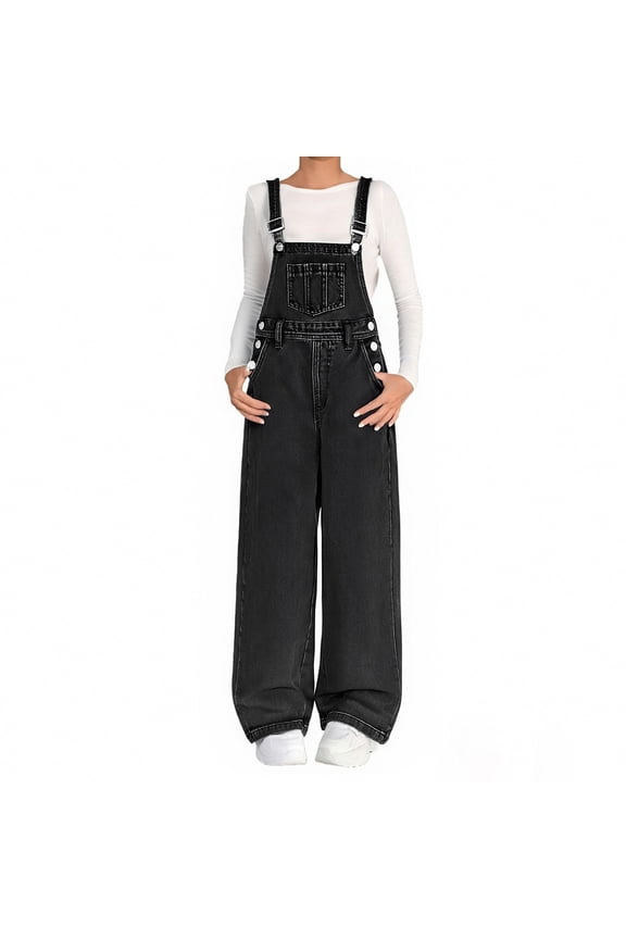 Boys Girls Denim Overalls, Baggy Wide Leg Adjustable Strap Jean Jumpsuit Hip Hop Casual Preppy Aesthetic with Pockets (Black, 5-6 Years)