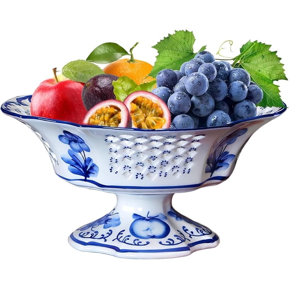 Fruit Bowl Ceramic Fruit Serving Plate Blue and White Chinoiserie Decor Bowl with Foot for Living Dining Room