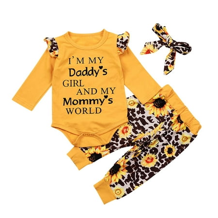 

nsendm New Born Clothes for Girls Set Print Romper Pants Sunflower Baby Set Girls Headbands Clothes for Young Teens Yellow 0-6 Months