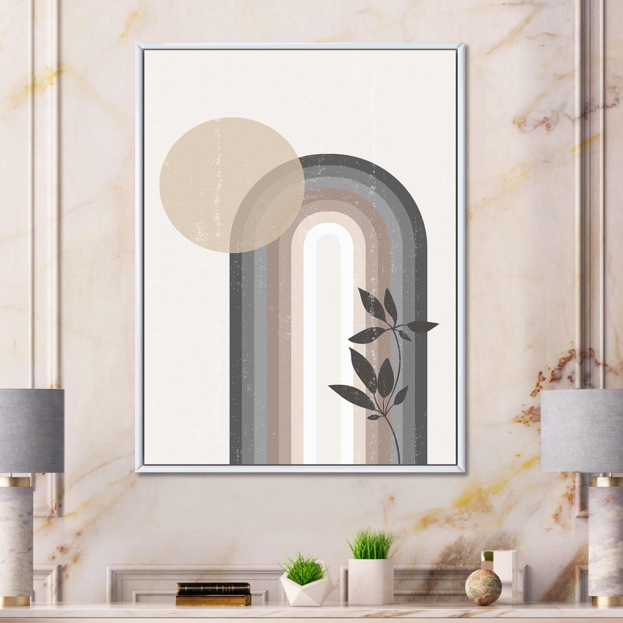 Designart 'Abstract Rainbow Moon and Sun In Earth Tones III' Modern Framed Canvas Wall Art Print