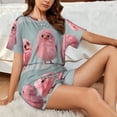 thumbnail image 4 of Uemuo Adorable Pink Fluffy Birds Pattern Women's Short-Sleeved Pajama, Button-Front Loungewear, 2-Piece Summer Sleepwear, Elastic Drawstring Shorts-Large, 4 of 7