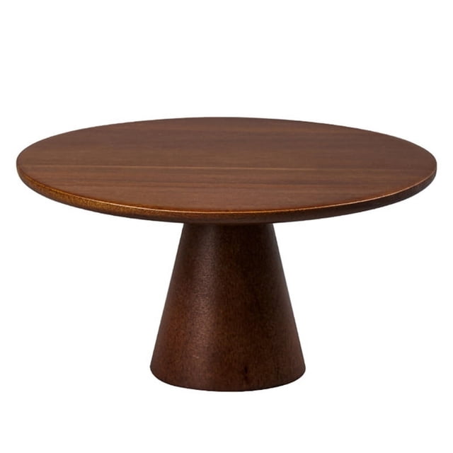 elegante soporte de madera para tartas: de exhibición de postres con base alta para tartas, cupcakes y pasteles, para bodas Soporte de nogal de 26 x 26 x 14 cm, vista frontal centrada con base cónica alta y placa redonda plana, acabado de madera natural con vetas visibles sobre fondo blanco; ideal para presentar tortas, cupcakes y postres en bodas o como decoración del hogar.