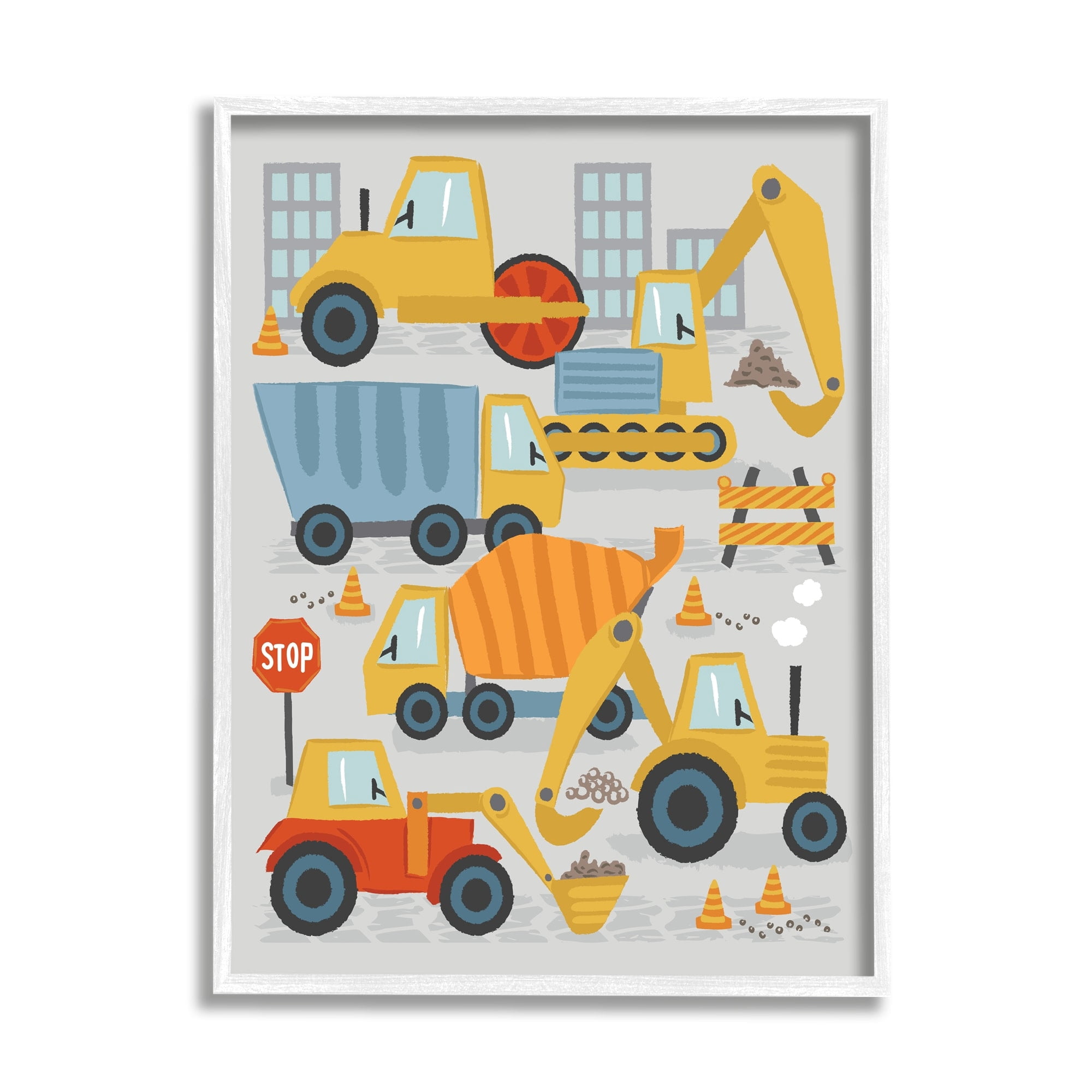Stupell Industries Construction Vehicles Bulldozing Buildings Traffic Cones Illustration Framed Wall Art, 16 x 20, Design by Lisa Perry Whitebutton