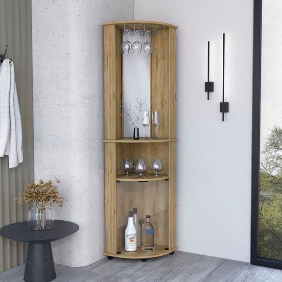 Beige Bar Coffee Corner Cabinet with Three - Tiered Liquor Shelf and Double Glass Door - Helps in Stylish Storage