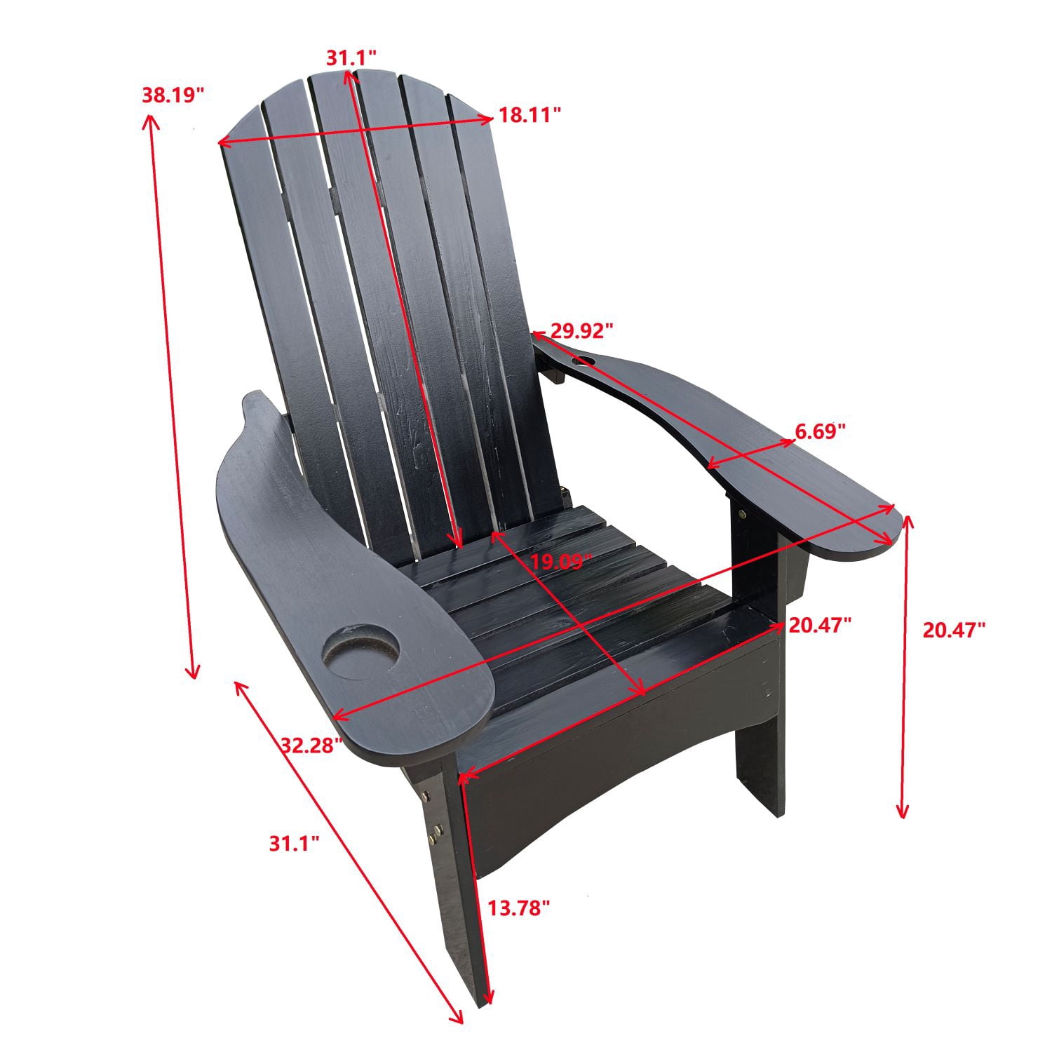 Resenkos Indoor/Outdoor Wood Adirondack Chair, Polywood Adirondack Chair with Hole to Hold Umbrella on The Arm, Black