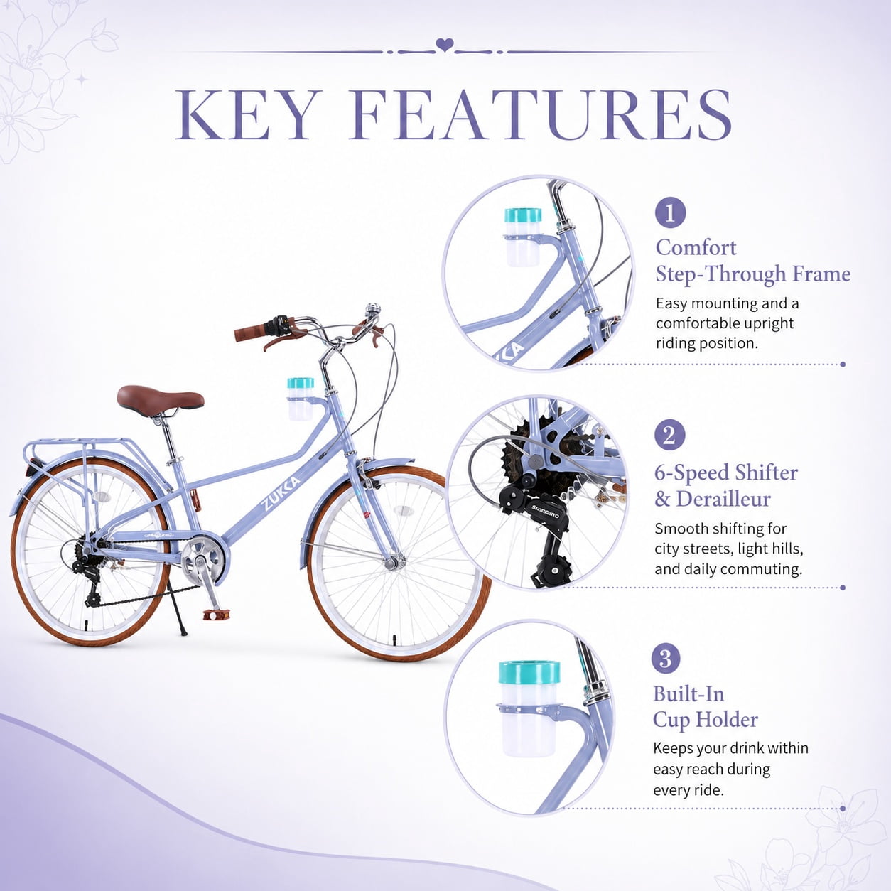 Aukfa 24 Inch Women's Cruiser Bike, 6-Speed Step-Through Commuter Bicycle with Cup Holder & Rear Rack,Blue