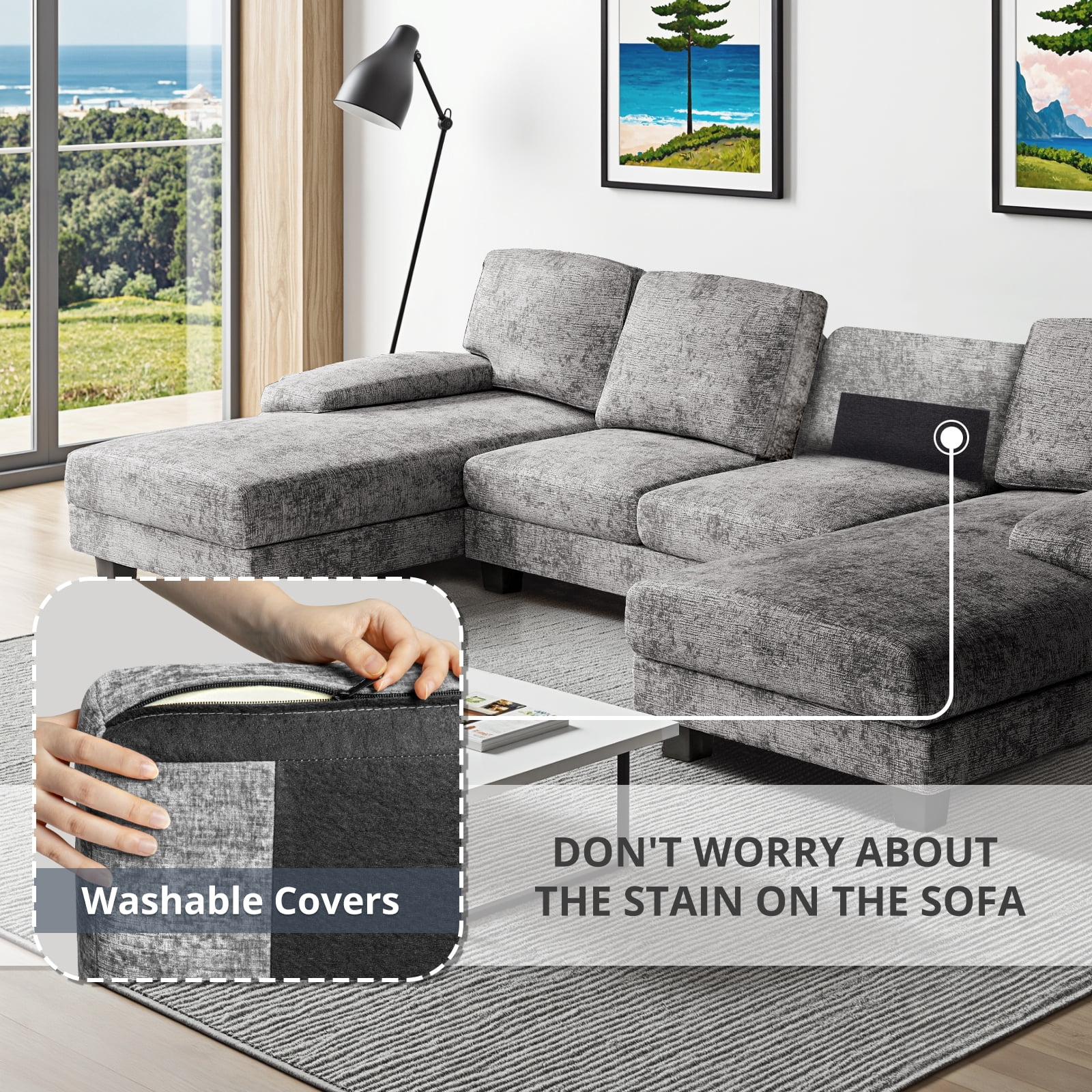 Furmax U-Shaped Sectional Sofa with Chaise, 4 Seats Chenille Fabric Sofa for Living room, New Gray