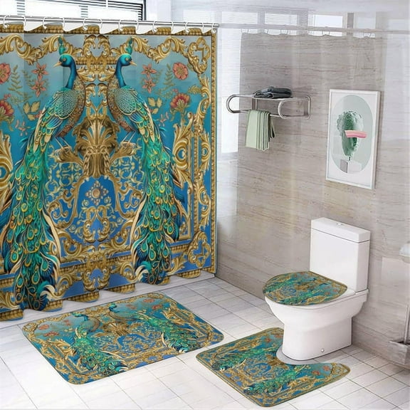 Fantasy Cool Animal Peacock Shower Curtain sets 4 Pcs,Rainbow Colorful Peacock Floral Rose Print Bathroom Curtains Non-Slip Rugs Bath Mat Toilet Lid Cover-72 W X 72" L