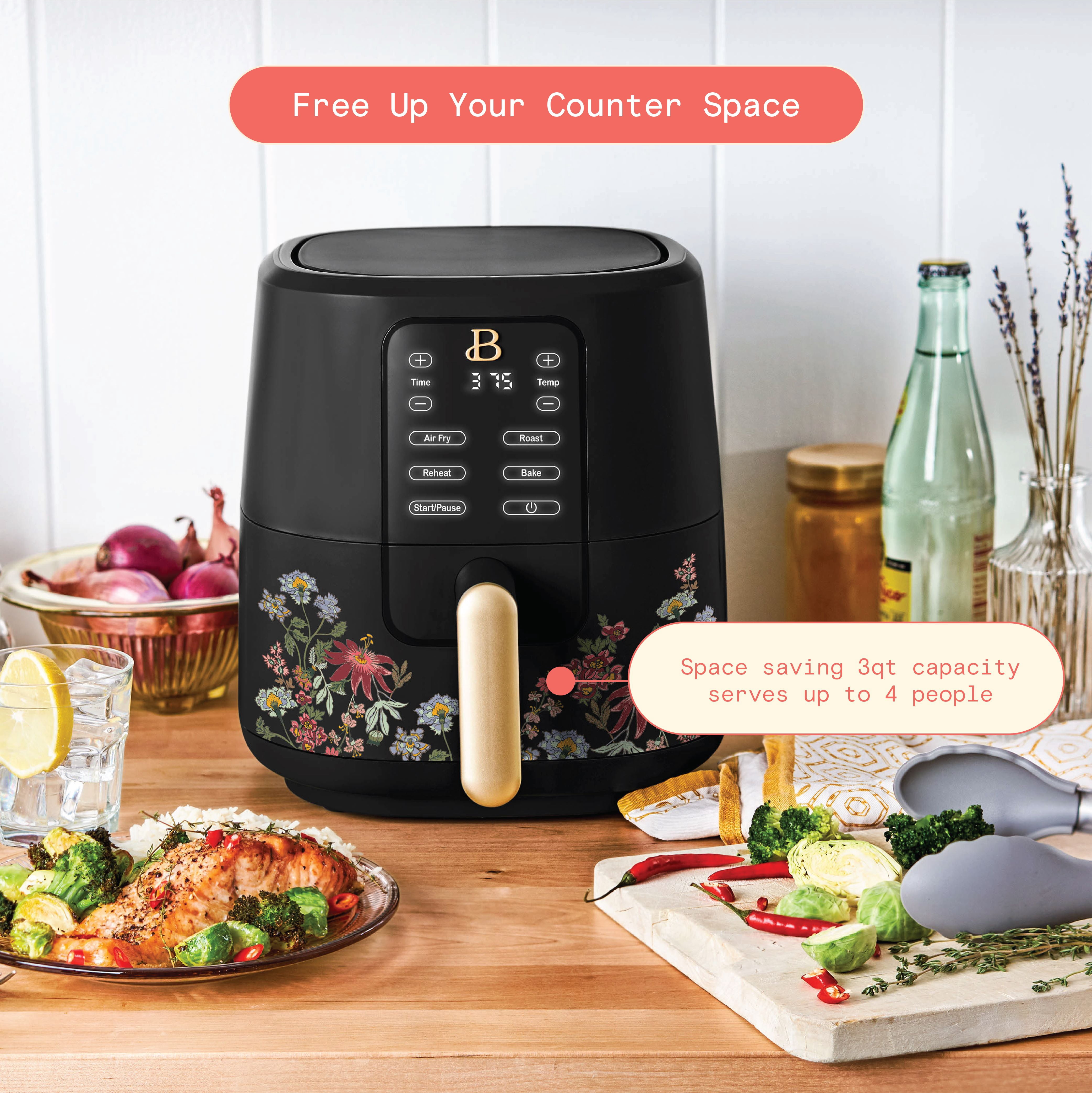 Beautiful 3 Qt Air Fryer with TurboCrisp Technology, Wildflower by Drew Barrymore, Black
