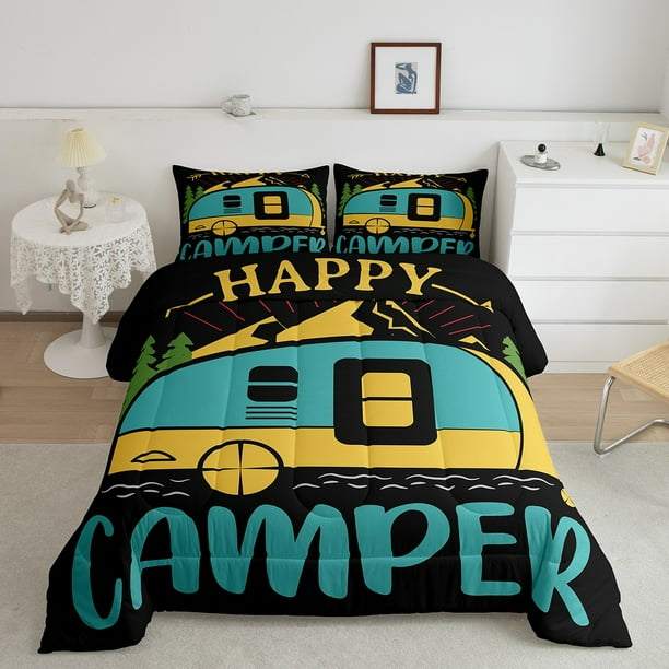 Yst Happy Camping Bedding Comforter Sets Cartoon Camper Bedding Set Full 3 Piece Green Jungle Pine Tree Duvet Hand Painting Quilt rustic Farmhouse Fas