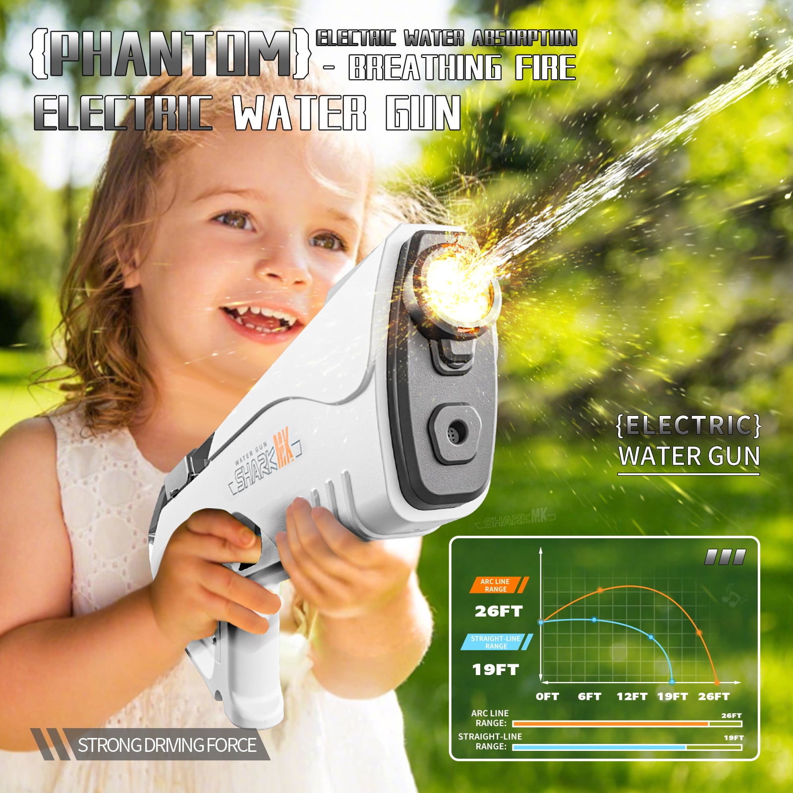 Ultimate Phantom Electric Water Gun: 32-Ft Range, Battery-Powered, Water Tank & LED Lights. Perfect for summer, beach, pool & garden fun. For kids 3+. Great water park gift（Grey）