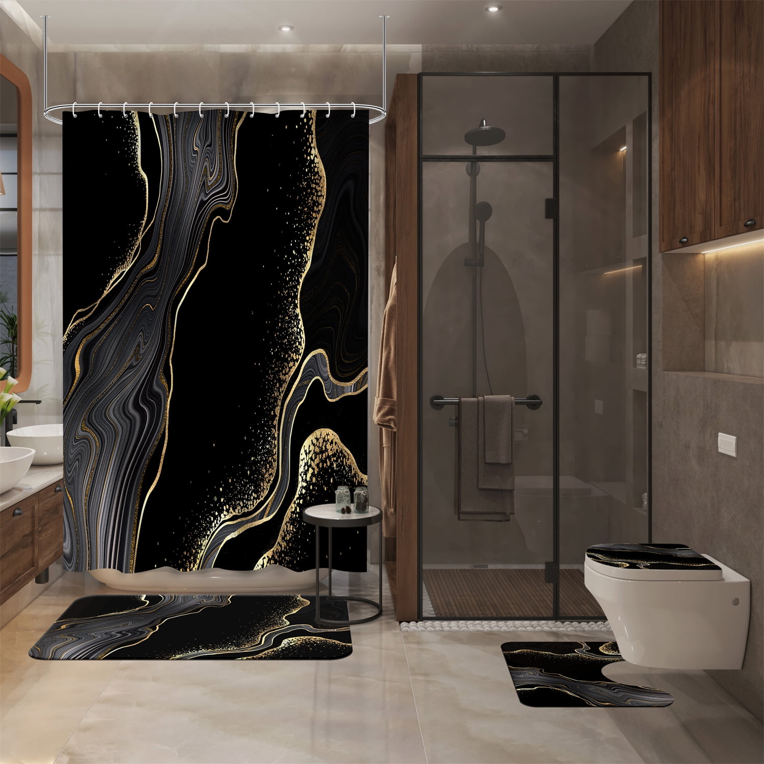 4pcs Black and Gold Marble Shower Curtain Set with Hooks for Bathroom