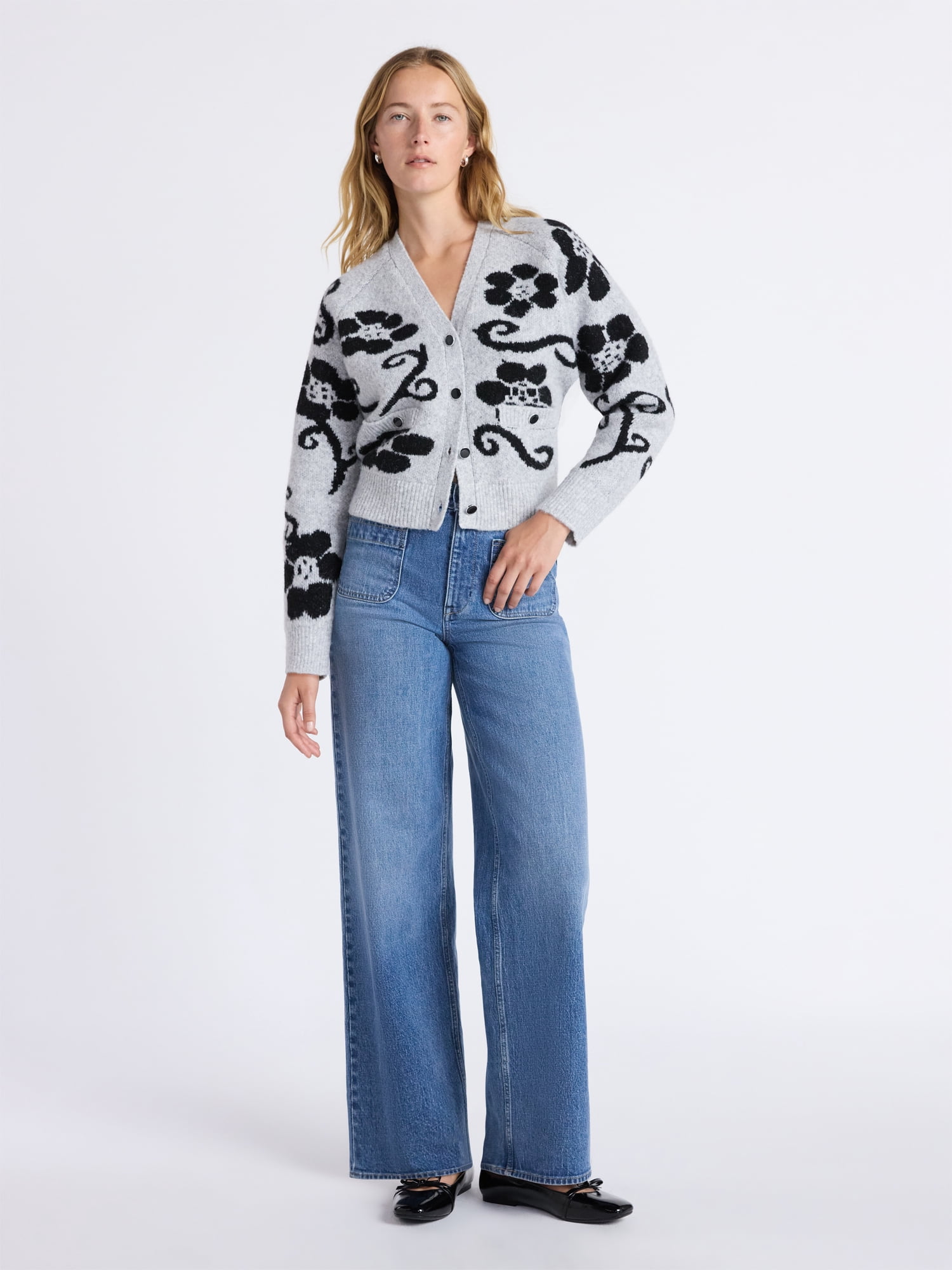 Free Assembly Women’s Floral Pattern V-Neck Cardigan Sweater, Midweight, Sizes XS-XXL