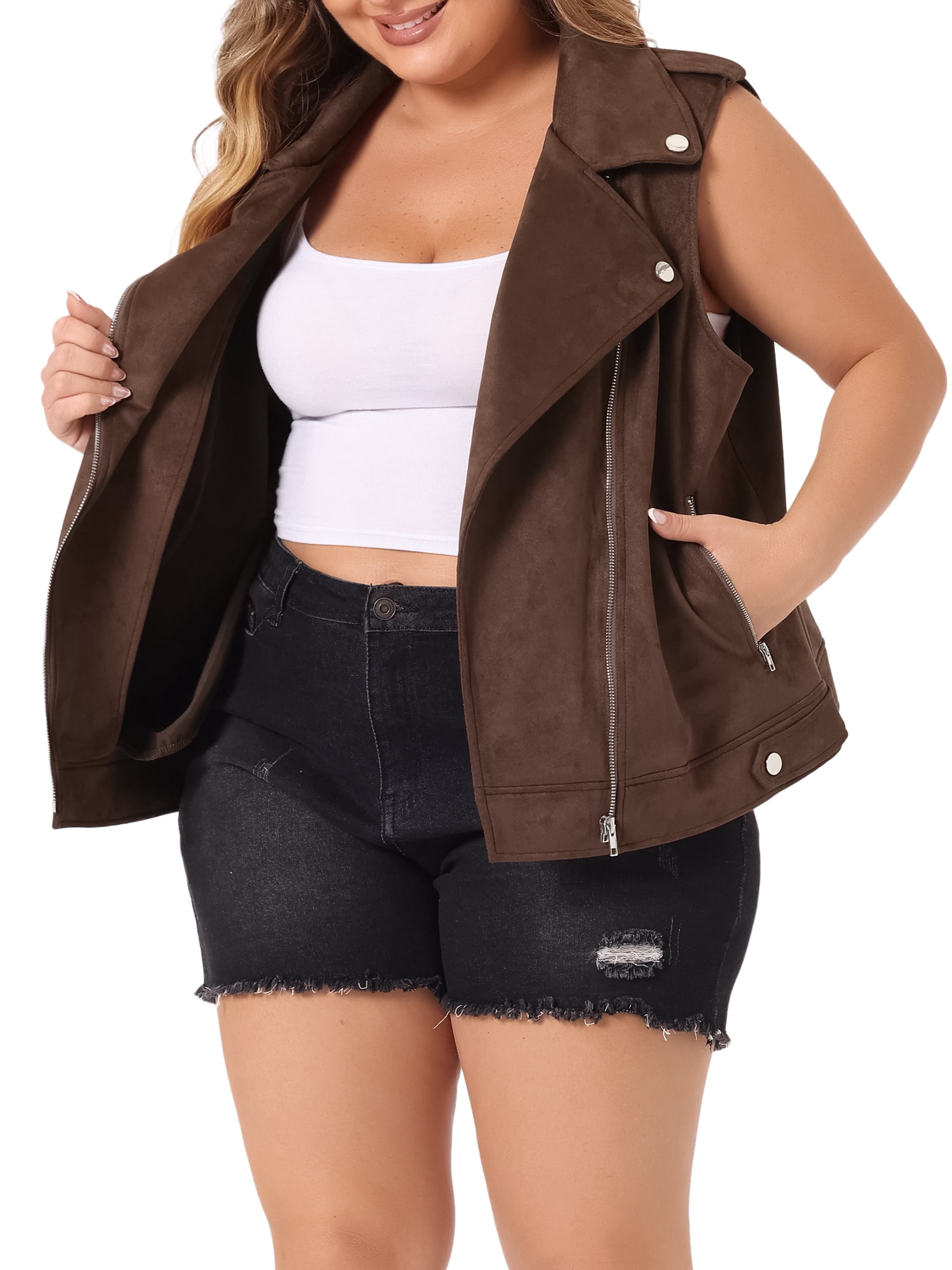 DARING DIVA Women's Plus Size Lapel Zipper Utility Motorcycle Suede Jacket Vest 3X Brown