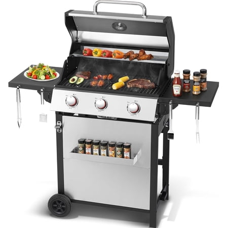 Gas BBQ Grill, Upgraded 30,000 BTU Stainless Steel Barbecue Grill with Foldable Side Tables, Rack & Wheels for Outdoor Cooking (3 Burner grill)
