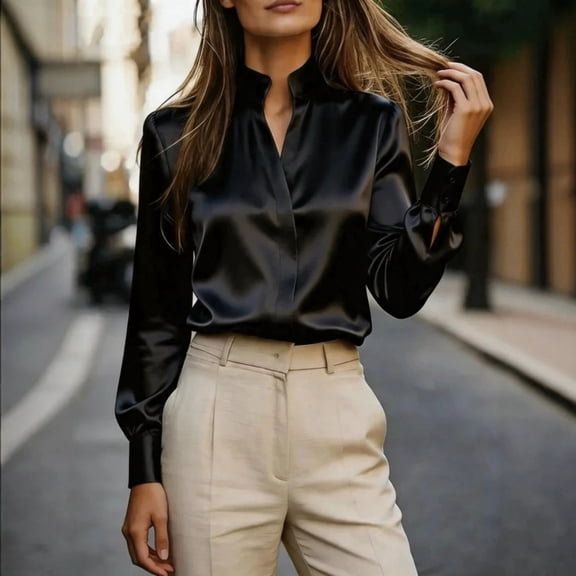 Womens Buttton Down Shirts Long Sleeve V Neck Business Tunic Blouses Work Dress Shirt Elegant Trendy Tops, L