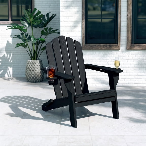 Folding Adirondack Chair, All-Weather HDPE Patio Chair with Cup Holders, Black