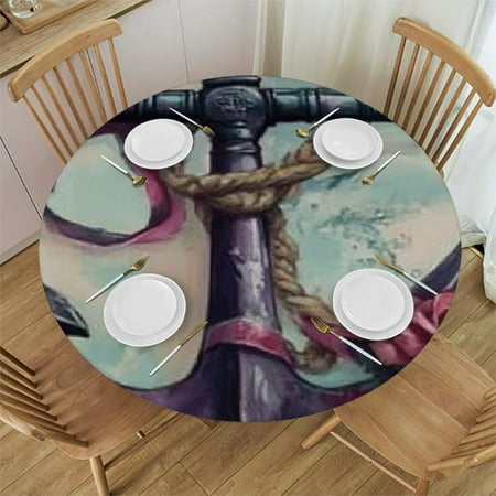 

Orinice Anchor Roses Ribbon Round Tablecloth 100% Polyester Stain-Resistant Washable Indoor Outdoor Dining Kitchen Farmhouse Decor 42 -46