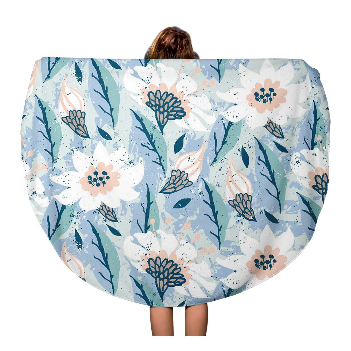 SIDONKU 60 inch Round Beach Towel Blanket Hand Floral Pattern Big White