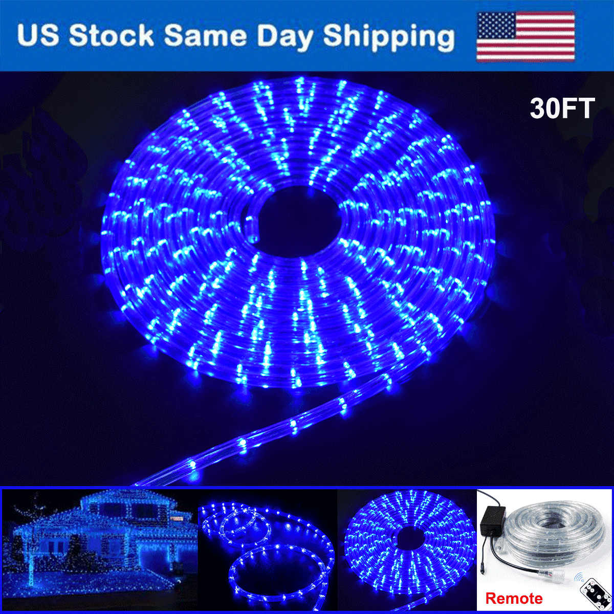 30FT LED Rope Lights Flexible Light 110V Indoor Outdoor Decor with Remote Blue Fairy Light Cuttable for Cinco de mayo Xmas Party Holiday Home Decor