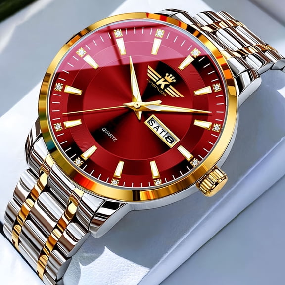 Men's Premium Fashion Quartz Watch - Automatic Dual Calendar, 30M Waterproof, Luminous, Diamond-Inlaid, Deployment Clasp