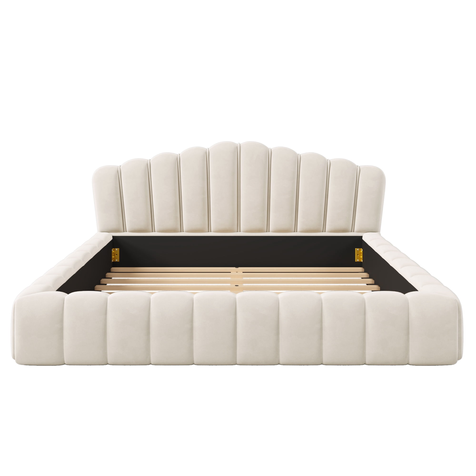 PORKISS Queen Bed Frame, Queen Platform Bed with Velvet Upholstered and Shell-Shaped Headboard, Modern Wood Bed Frame for Bedroom, No Box Spring Needed, Beige